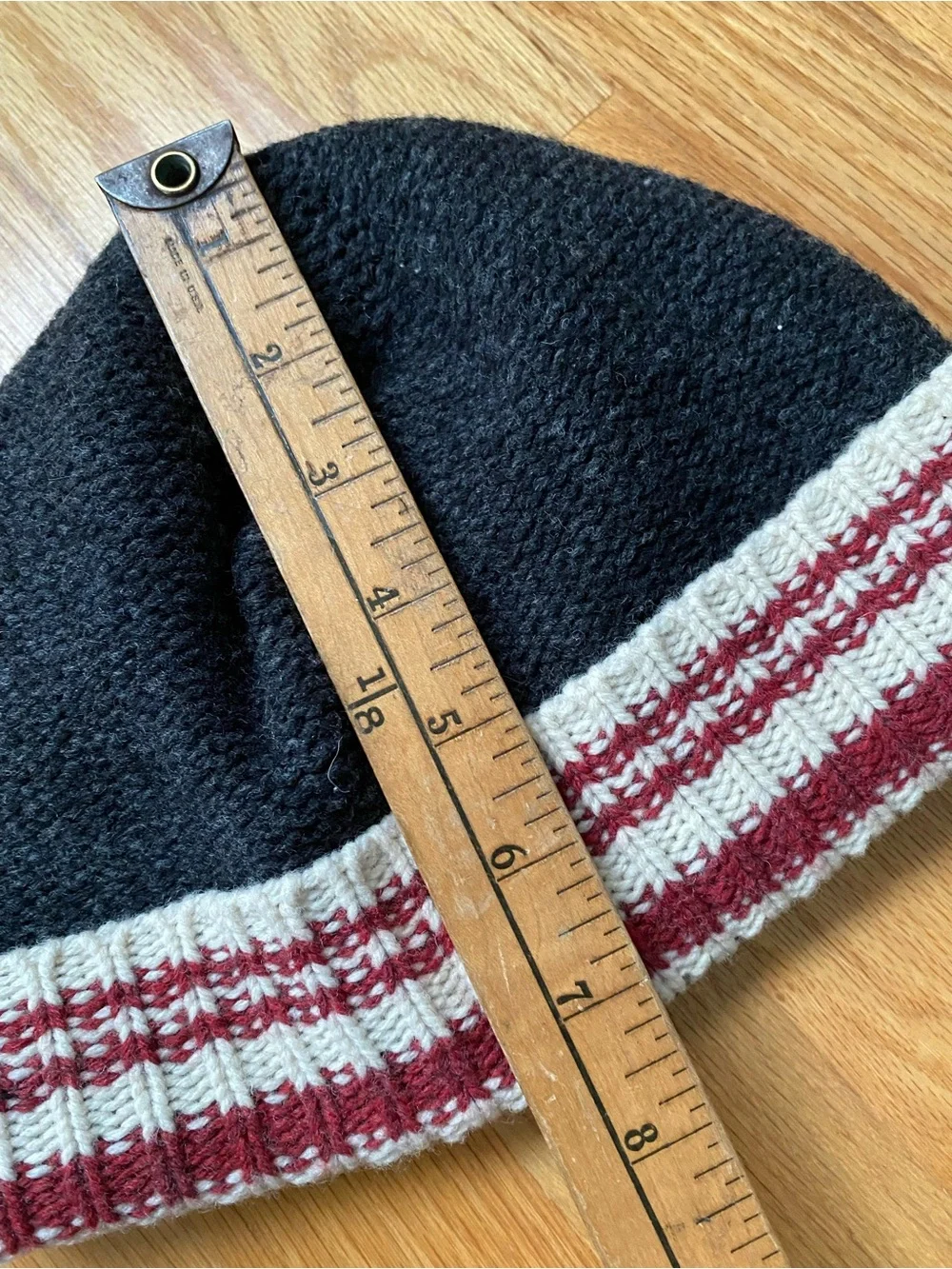 TNA Gray Lambswool fleece lined Knit Beanie with Red & Cream Striped Cuff Unise